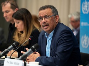 WHO Director-General Dr Tedros Adhanom Ghebreyesus speaks at a news conference following a meeting over the Wuhan coronavirus in Geneva, Switzerland, Jan. 23, 2020.