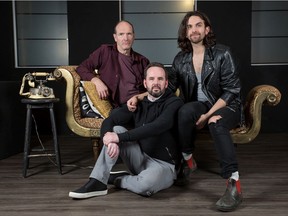 Theatre Outre's Whale Riding Weather, with Marek Czuma, seated on the left; Allister MacDonald on the right; and Jay Whitehead on the floor.