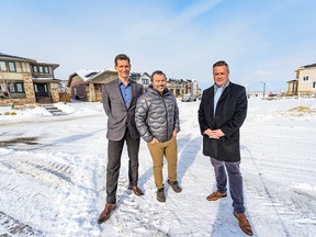 From Left; Birol Fisekci, Bordeaux Developments CEO and President, Martin Paquette, Groupe Nordik CEO and Founder, and Thilo Kaufmann,  Assets- Qualico Communities General Manager, pose for a photo at the Community of Harmony on Monday, February 24, 2020. Azin Ghaffari/Postmedia