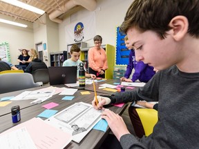 Pierce Wilfur, grade 7 student, and his classmates in Calgary Academy are designing $5 bills on Thursday, February 27, 2020 to submit to the government who is accepting design suggestions from the public for a fresh $5.