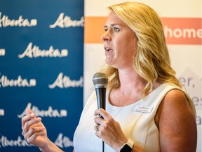 Bernadette Majdell, HomeSpace Society CEO, speaks in the grand opening of the Clayton, a safe plays for Calgary homeless, on Thursday, August 8, 2019. The Clayton provides safe and affordable housing for about 30 single adults in the neighbourhood of Bowness. Azin Ghaffari/Postmedia Calgary