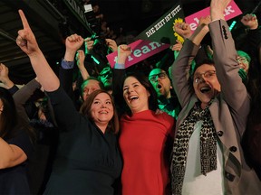 HAMBURG, GERMANY - FEBRUARY 23: Members of the German Greens party, including co-leader Annalena Baerbock (C) and local candidate Katharina Fegebank (C-L), react to initial exit polls that give the Greens 25.5% of the vote in Hamburg city elections on February 23, 2020 in Hamburg, Germany. The Greens and the Social Democrats (SPD), who together are the incumbent coalition, have strong support and will likely be able to continue ruling in Hamburg in a red-green coalition. Hamburg  is one of Germanys 16 states and its elections will be scrutinized for indications of possible national political trends. (Photo by Sean Gallup/Getty Images)