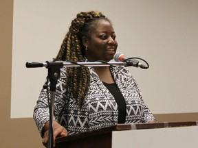 Bukola Salami, associate professor at the University of Alberta, speaks about her experience as an immigrant to Canada at the launch of the 2016 Vital Signs report for Edmonton at the Stanley Milner Library on Oct. 4, 2016.