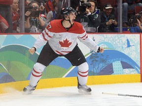 VANCOUVER, BC - FEBRUARY 28:  Sidney Crosby #87 of Canada celebrates after scoring  the matchwinning goal in overtime during the ice hockey men's gold medal game between USA and Canada on day 17 of the Vancouver 2010 Winter Olympics at Canada Hockey Place on February 28, 2010 in Vancouver, Canada.  (Photo by Harry How/Getty Images) ORG XMIT: 95727920