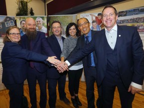 Premier Jason Kenney, Centre, with L-R, Leslie Big Bull, executive director, Sunrise Healing Lodge, Devin Rued-Fraser, Training and Marketing Director Sunrise Healing Lodge, Teressa Krueckl, chief executive officer, Thorpe Recovery Centre, Jason Luan, Associate Minister of Mental Health and Addiction and Stacey Petersen, executive director, Fresh Start Recovery Centre as he announced details of new publicly funded treatment spaces in the province in Calgary on Saturday, February 1, 2020.