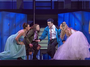 From left, Isidora Kecman, Katie McMillan, Evan Kinnane, and Devin Cecchetto in Theatre Calgary's The Louder We Get. Photo by Trudie Lee