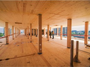 Construction on Brock Commons, an 18-storey mass timber building at the University of British Columbia.
