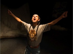 Zach Running Coyote in his solo show Snowblind, running at Lunchbox Theatre in conjunction with Making Treaty 7.