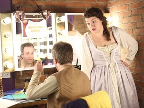 Most of the action — and a lot of the laughs — happen backstage in the Scorpio Theatre’s production of The Burning Pestle. Chelsea Friesen and Hamish Crawford are two of the harried actors in the play within a play.