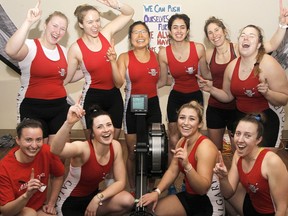Members of the Calgary Rowing Club (top left) Natalie McMurray, Courtney Kruschel, Lucy Lu, Sara Elkady, Elana Taub, McKenzie Lukacs (bottom left) Anna Currie, Libby Wheeler, Kass Pedenko and Olivia McMurray are seen celebrating after smashing the Concept2 24-hour women's indoor rowing world record. The small team, open weight, title was broken at 4:00 pm Saturday afternoon after the group of women rowed a total distance of over 345 thousand metres surpassing the previous record by over 10 thousand metres. Saturday, February 22, 2020. Brendan Miller/Postmedia