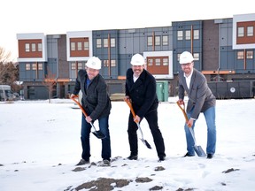 Capella, by Brookfield Residential, is celebrating its groundbreaking on Feb. 29. From left,  James Robertson, president and CEO, West Campus Development Trust; Chris Richer, vice-president Calgary Homes, Brookfield Residential; and Ryan Moon, director of multi-family homes, Brookfield Residential.