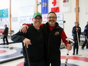 (Left to right) Scott Ouellette, 40, from near Drumheller, and Mitch Pattyn, 55, of Calgary, are both heart transplant recipients. They competed in curling at the 11th World Transplant Winter Games in Banff on February 26. Photo Marie Conboy / Postmedia