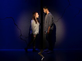 Emma Houghton as Amber and Diego Stredel as Tom in Alberta Theatre Projects' Actually. Courtesy, Benjamin Laird