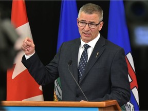 Finance Minister Travis Toews speaks to the media on the 2020 budget at the embargoed news conference in Edmonton, February 27, 2020.