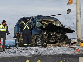 At about 3:30 a.m., a pickup truck collided with an SUV at the intersection of Country Hills Blvd. and Metis Trail N.E.