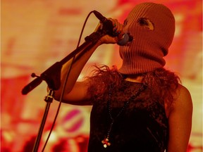 Pussy Riot punk band member Maria Alyokhina performs on the stage during the Uncensored Festival in Sao Paulo, Brazil.
