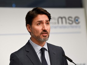 Canada's Prime Minister Justin Trudeau addresses a press conference at the 56th Munich Security Conference (MSC) in Munich, southern Germany, on February 14, 2020. (Photo by THOMAS KIENZLE/AFP via Getty Images)