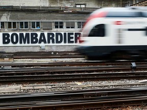 A Bombardier advertising board is pictured at the train station in Bern, Switzerland.