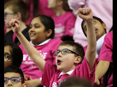 School children cheer on the Calgary Hitmen as they take on the Winnipeg Ice during the TELUS Be Brave #endbullying game on Thursday, February 27, 2020. The Hitmen won the game 4-1. Gavin Young/Postmedia