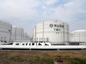 Oil storage tanks are seen at Yangshan port in Shanghai, China on March 14, 2018.