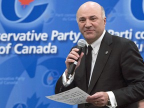 Kevin O'Leary, then a candidate for the party leadership, addresses a Conservative leadership debate on February 13, 2017 in Montreal.