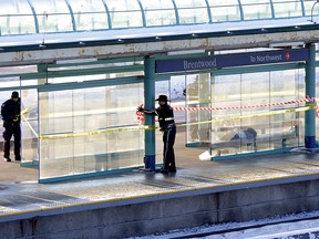 Calgary police and Transit police investigate a stabbing which happened at the Dalhousie LRT station on Monday, Feb. 3, 2020.