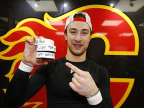 Calgary Flames, Andrew Mangiapane with his first hat-trick against the Anaheim Ducks at the Scotiabank Saddledome in Calgary on Monday, February 17, 2020. Darren Makowichuk/Postmedia