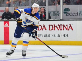 February 11, 2020; Anaheim, California, USA; St. Louis Blues defenseman Jay Bouwmeester (19) controls the puck against the Anaheim Ducks during the first period at Honda Center. Mandatory Credit: Gary A. Vasquez-USA TODAY Sports ORG XMIT: USATSI-405869