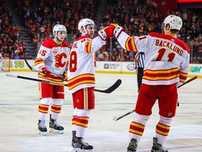 Feb 17, 2020; Calgary, Alberta, CAN; Calgary Flames left wing Andrew Mangiapane (88) celebrates his goal with teammates against the Anaheim Ducks during the third period at Scotiabank Saddledome. Mandatory Credit: Sergei Belski-USA TODAY Sports ORG XMIT: USATSI-405909