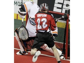Roughnecks Shane Simpson scores a goal on this shot during the 1st half of action as the Calgary Roughnecks take on the New York Riptide at the Saddledome.  Saturday, February 8, 2020. Brendan Miller/Postmedia