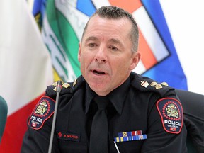 Calgary Police Chief Mark Neufeld speaks during a Calgary Police Commission public meeting on Tuesday, February 25, 2020.