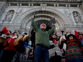 Saul Brown with the Helitsuk Nuu-chah-nulth First Nations speaks to protesters in support of Wet'suwet'en hereditary chiefs camped out in front of legislature before the throne speech in Victoria, B.C., on Tuesday, February 11, 2020.