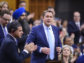 Conservative Leader Andrew Scheer stands during question period in the House of Commons on Feb. 18, 2020.