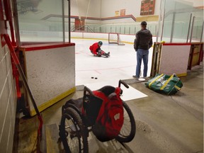 Photo showing former Humboldt Broncos hockey player Ryan Straschnitzki practicing sledge hockey