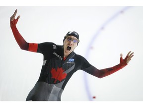 Canada's Ted-Jan Bloemen celebrets his second place finish during the men's 5000-metre competition at the ISU World Cup speedskating event in Calgary, Alta., Saturday, Feb. 8, 2020.THE CANADIAN PRESS/Jeff McIntosh ORG XMIT: JMC130