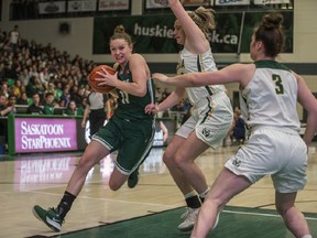 Saskatchewan Huskies forward Summer Masikewich drives the basket against the Alberta Pandas in the Canada West Women's Basketball conference final at the PAC on the U of S campus in Saskatoon on Feb. 28.
Photo by Liam Richards/Postmedia.