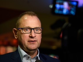 Calgary Flames General Manager Brad Treliving speaks with the media after the team's 40th season luncheon at Scotiabank Saddledome on Monday, March 9, 2020. Azin Ghaffari/Postmedia