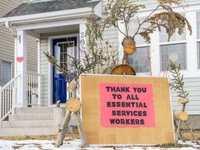 A sign on a front lawn at the community of Bridlewood carries a kind message to the essential service workers at the time of the Coronavirus Pandemic.