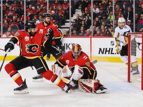 David Rittich #33 of the Calgary Flames could not stop the shot of Max Pacioretty #67 (not pictured) of the Vegas Golden Knights during an NHL game at Scotiabank Saddledome on March 8, 2020 in Calgary, Alberta, Canada.
