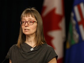 Dr. Deena Hinshaw, Chief Medical Officer of Health, speaks  about the COVID-19 pandemic during a press conference at the Alberta Legislature in Edmonton, on Wednesday, March 25, 2020. Photo by Ian Kucerak/Postmedia