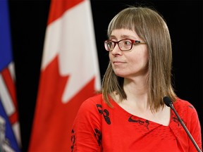 Dr. Deena Hinshaw announces five deaths due to COVID-19 during a coronavirus pandemic update at the Federal Building in Edmonton, on Monday, March 30, 2020. Photo by Ian Kucerak/Postmedia