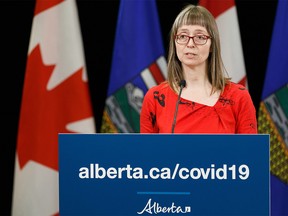 Dr. Deena Hinshaw announces five deaths due to COVID-19 during a coronavirus pandemic update at the Federal Building in Edmonton, on Monday, March 30, 2020.