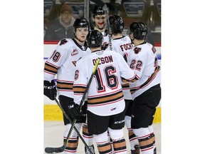 The Hitmen celebrate a goal during the 2nd period of action as the Calgary Hitmen host the Regina Pat at the Saddledome.  Wednesday, February 12, 2020. Brendan Miller/Postmedia