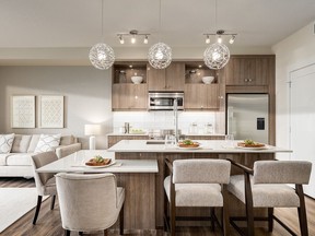 The kitchen in the Findlay show suite at Auburn Rise by Logel Homes in Auburn Bay.