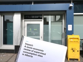 The Government of Alberta report on safe consumption sites in Alberta is shown in front of the Safeworks site in downtown Calgary on Thursday, March 5, 2020. Illustration by Jim Wells/Postmedia