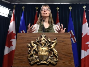 Alberta's chief medical officer of health Dr. Deena Hinshaw, speaks to media in Edmonton.