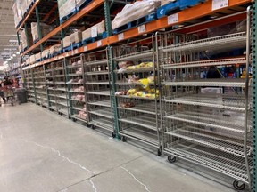 Empty shelves at a Costco in Markham, Ont., on Sunday.