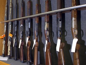 A rack of "long guns" and rifles at the Shooting Edge gun store in Calgary, Alberta.