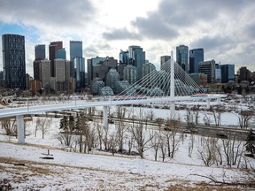 A rendering of one of four bridge types being explored by the city of Calgary for the Green Line over the Bow River. The cable stayed bridge features a vertical pillar, providing support with cables.