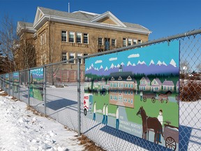 An art panel at Stanley Jones School shows how it was used as an emergency hospital during the 1918 Spanish Flu pandemic that swept the planet. Calgary schools were quiet after COVID-19 pandemic precautions forced the closure of schools across the province on Monday, March 16, 2020.  Gavin Young/Postmedia